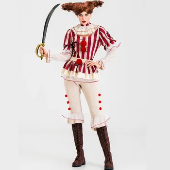 

Luxury killer behavior costume female adult Halloween costume circus and scary horror angry red bloody striped clown role play