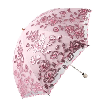 

Ultra Beautiful Embroidery Rain Sun Umbrella For Women Exquisite 2-fold Black Coating UV Umbrella Elegant Parasol Excellent Gift