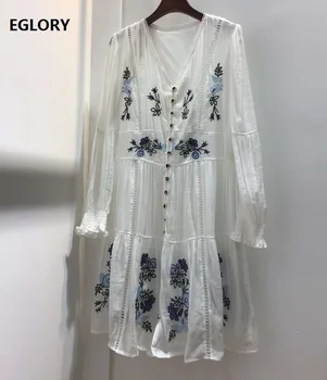 

High Quality New Runway Dress 2020 Autumn Women V-Neck Hollow Out Embroidery Flower Patterns Long Sleeve White Black Club Dress