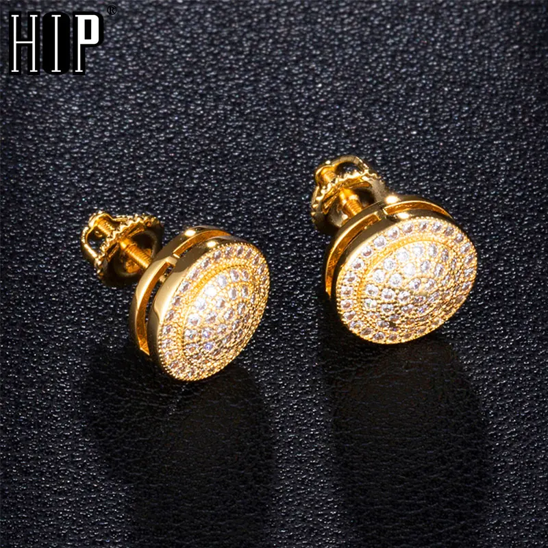 

Hip HOP 1Pair Round Zircon Micro Paved Iced Out Rhinestone CZ Stone Round Bling Stud Earring Copper Earrings For Men Jewelry
