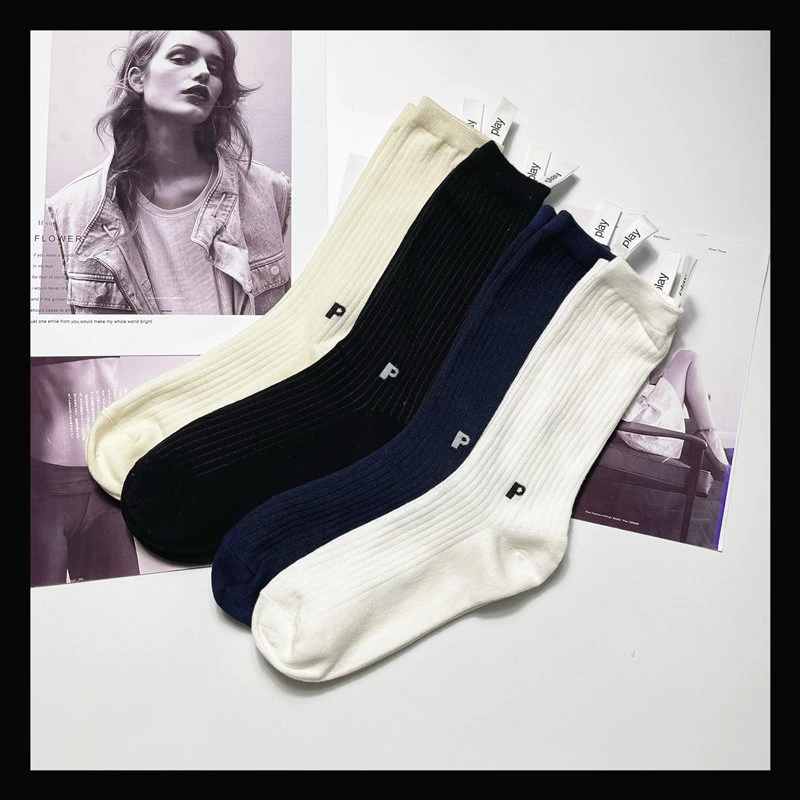 2022 new P letter label socks autumn winter vertical strips ...