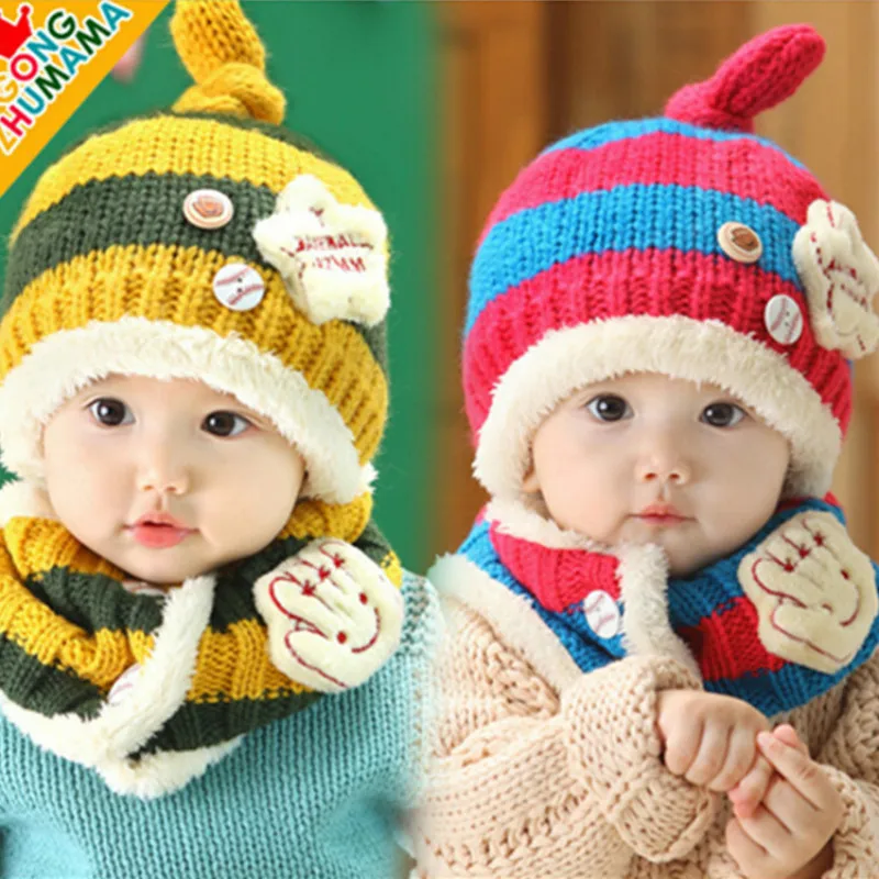 2pcs Baby Hat Winter Knitted Cap + Scarf Warm Cute Infant Baby Knit