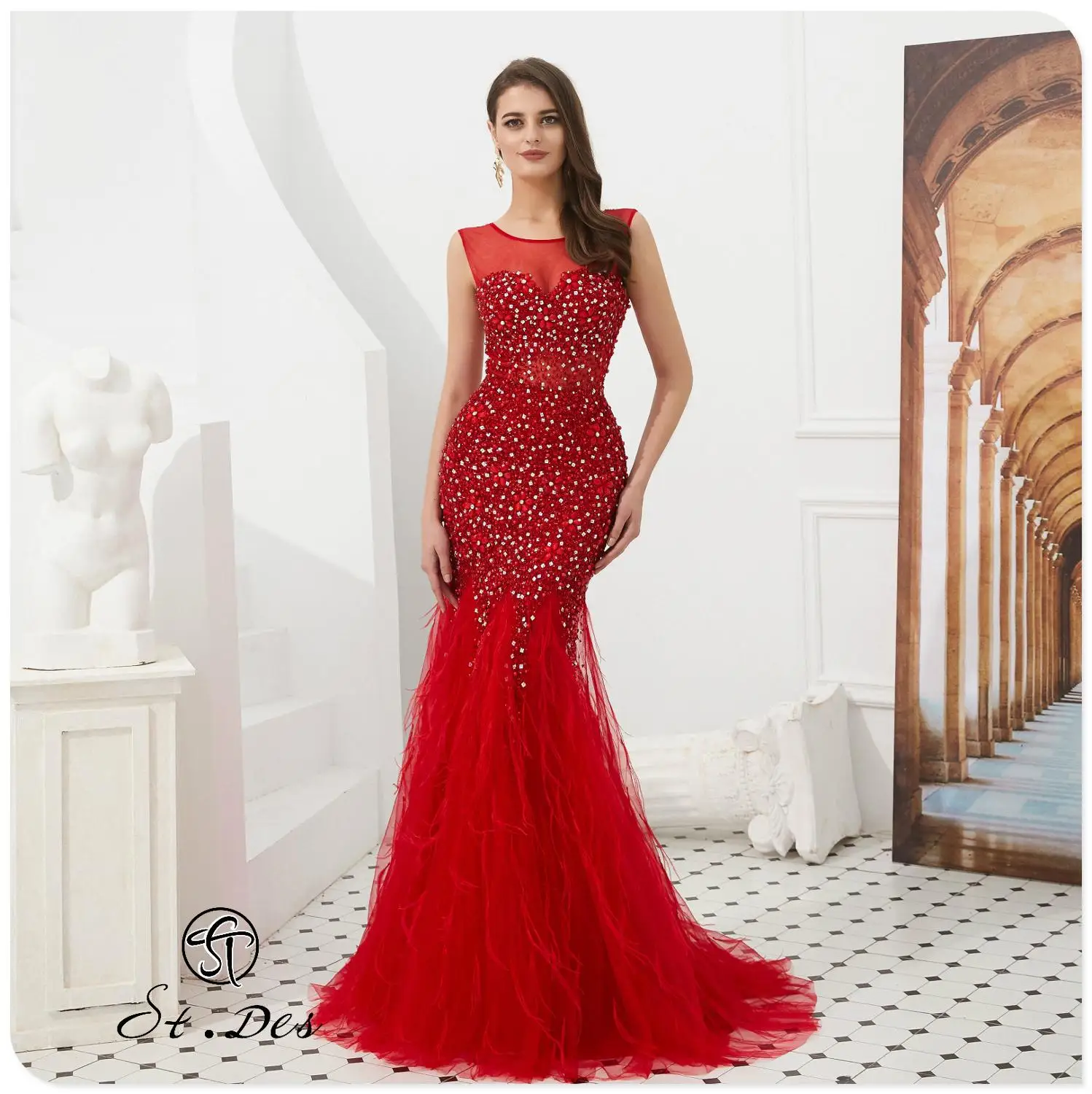 

NEW Arrival 2020 St.Des Mermaid O-Neck Red Long Sleeve Russian Sequins Designer FloorLength Evening Dress Party Dress Party Gown