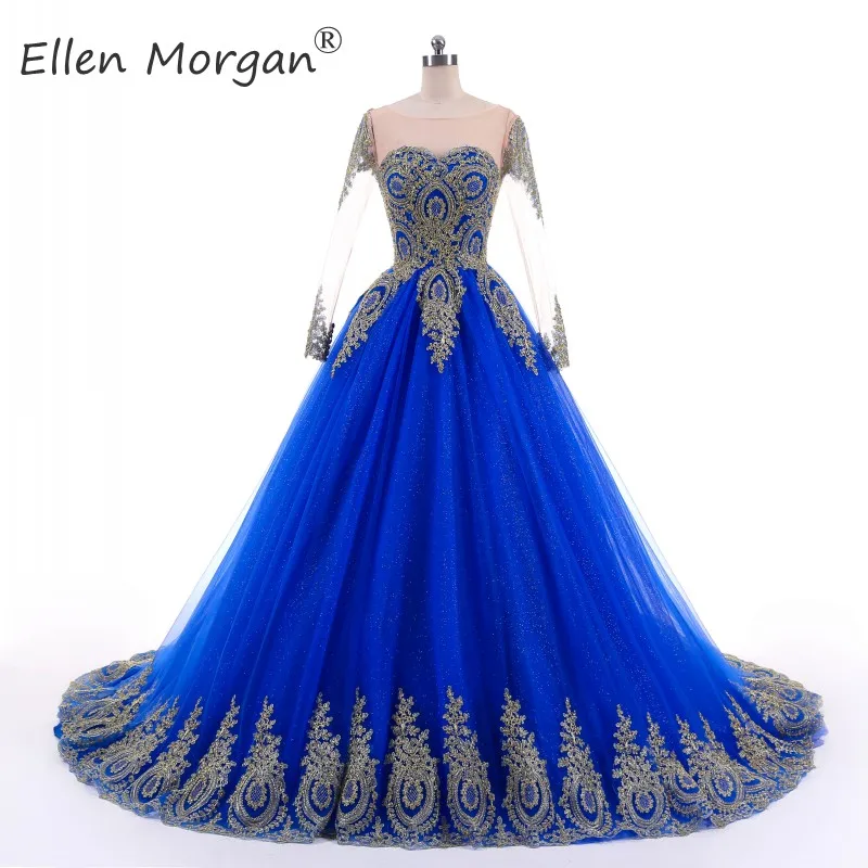 Африканские красочные синие золотые кружевные свадебные платья, иллюзия, длинные рукава, вырез лодочкой, тюль, свадебные бальные платья, Vestidos De Novia