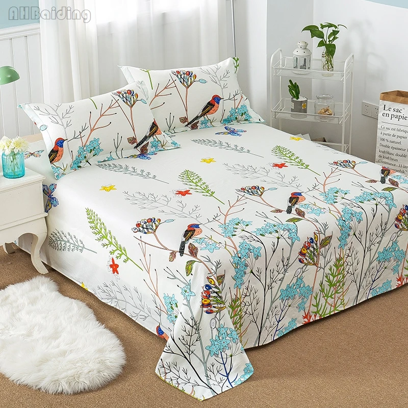 cheap Hot Sale Floral Birds Bed Sheet 100% Cotton Mattress Protector Cover Flat Sheet 1pcs Soft Bedclothes Twin Full Queen King Size