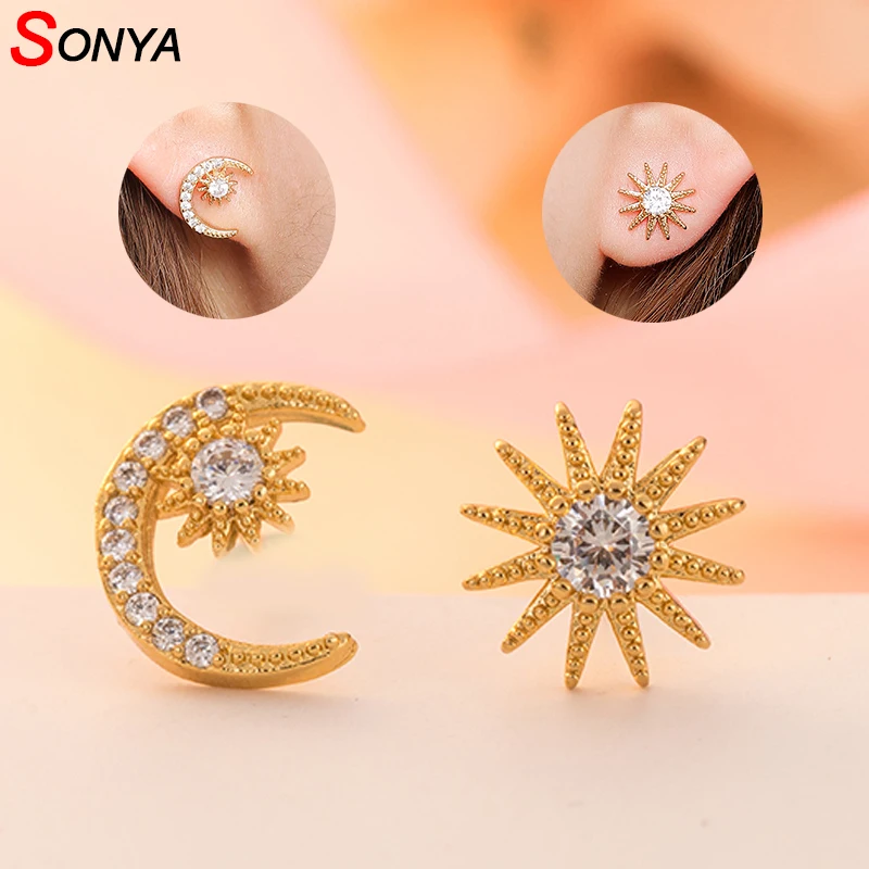 SONYA CZ Циркон Солнце Луна серебряные серьги-гвоздики/Золотые серьги для женщин букле D'oreille модные ювелирные изделия пендиентс Mujer Moda