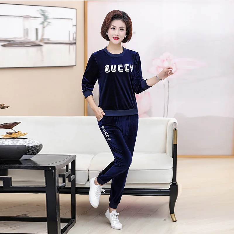

Mom Spring And Autumn Two-Piece Set Sports Middle-aged Women's 2019 New Style Western Style Long Sleeve Gold Velvet Wei Clothes