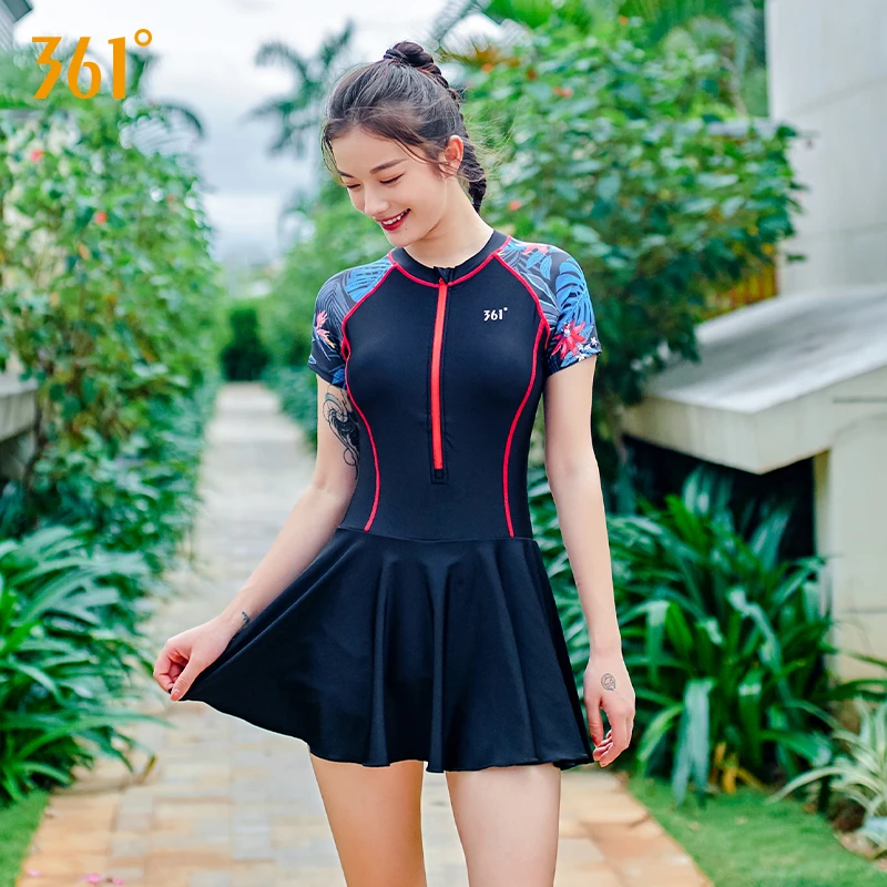 Traje de baño una pieza para mujer, falda de manga corta, vestido de baño con cremallera, protector de rayas, 361|Bodis| - AliExpress