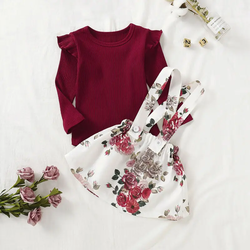 Cute Newborn Baby Girls Clothes Sets 2Pcs Princess Fashion Cotton Long Pit Sleeve Tops+Floral Strap Skirt Outfit 1-5Y | Детская одежда