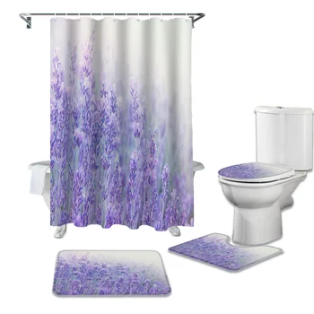 

Fantasy Flower Lavender Purple Shower Curtains Set Bath Mat Set Toilet Cover Waterproof Bathroom Shower Curtain and Rug Sets