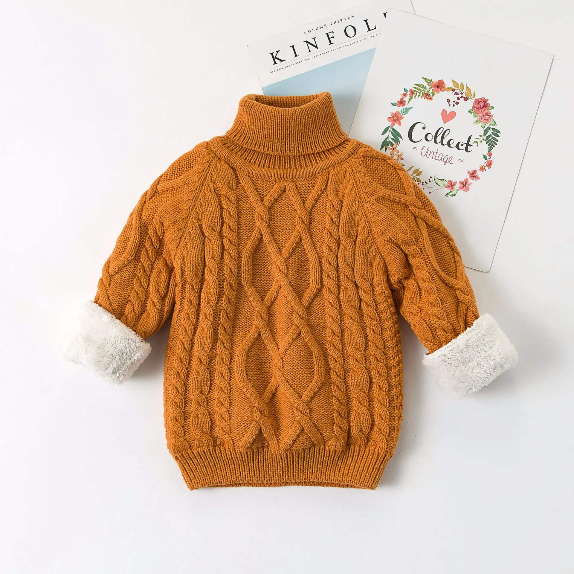 

2019 Spring Children Brushed And Thick Knit Solid Color High round Neck Sweater Baby Pullover CHILDREN'S Sweater a Generation