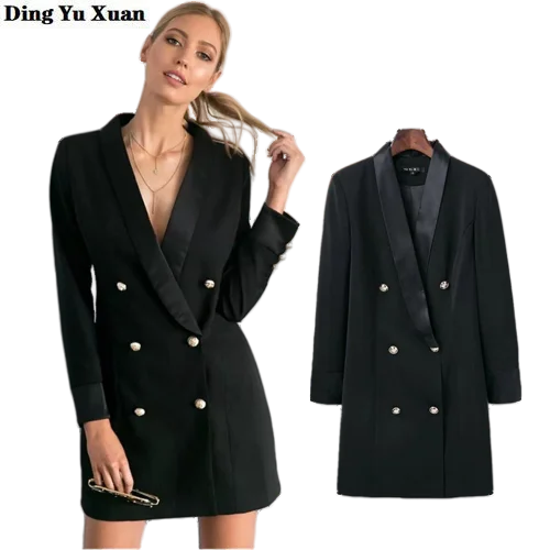 Office Ladies Double Breasted Long Blazer Women Formal Work Wear Black Suit Jacket Womens High Street Buttons Outwear Business