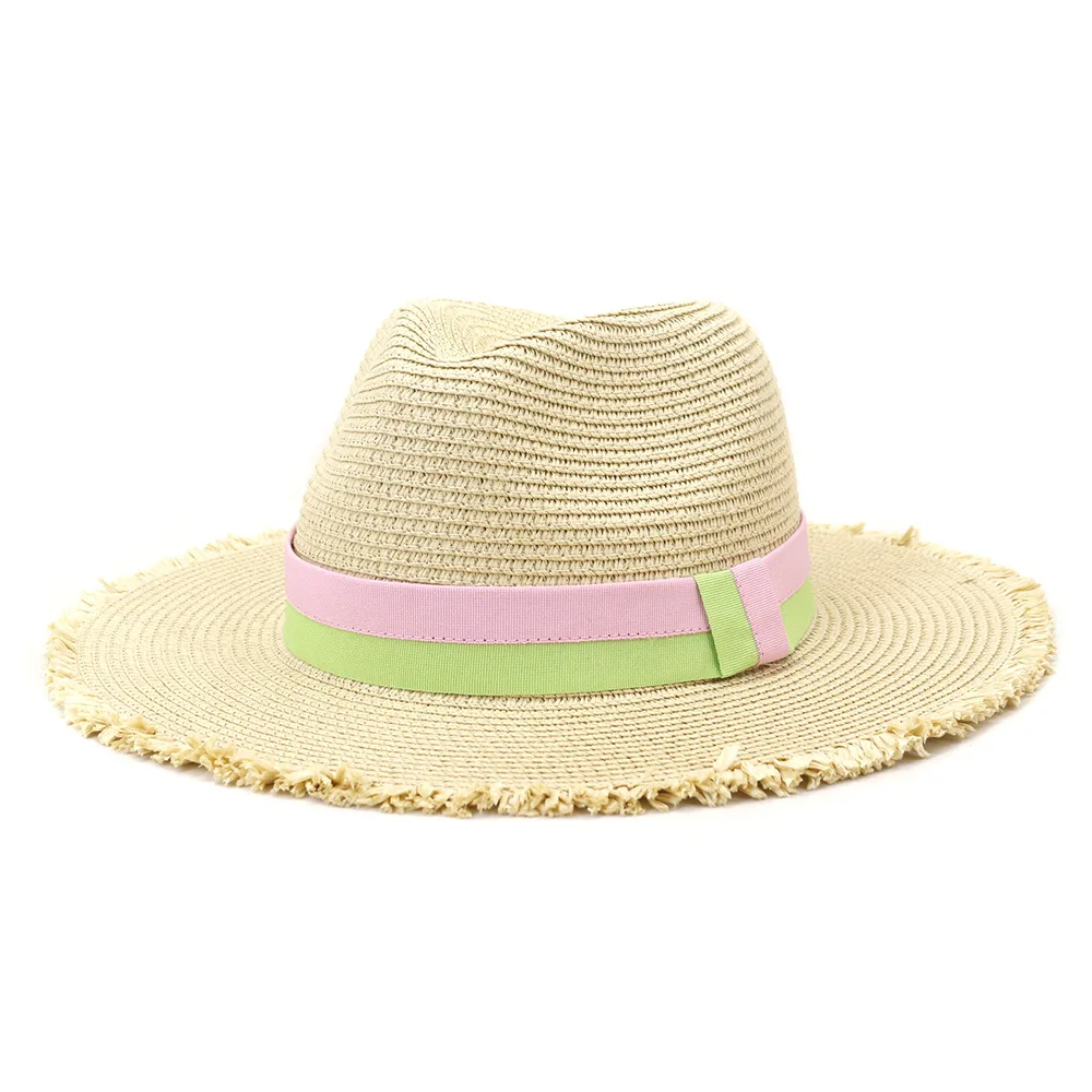 

Simple Women Outdoor Travel Sunshade Wide Brim Summer Straw Hat Panama Jazz Straw Caps Fedora Hat Colorful Belt For Sun Hats