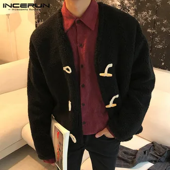 

INCERUN Winter Fashion Men Solid Long Sleeve Furry Jackets Outerwear Casual Joker Thermal Fleece Buckle Mens Coats Streetwar