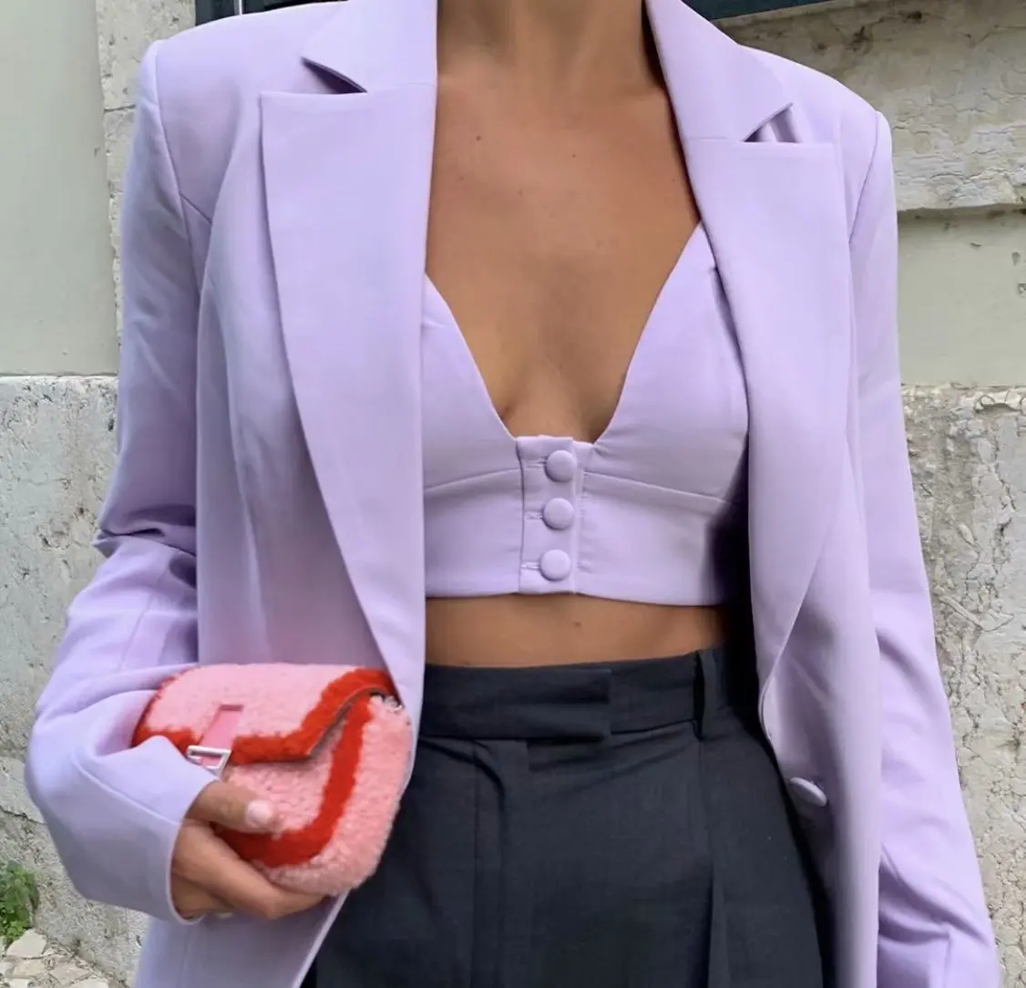 

Women Single Button Casual Fashion Elegant Violet Blazer with Pockets Details 2019 New Fall Winter Season Female Apparels