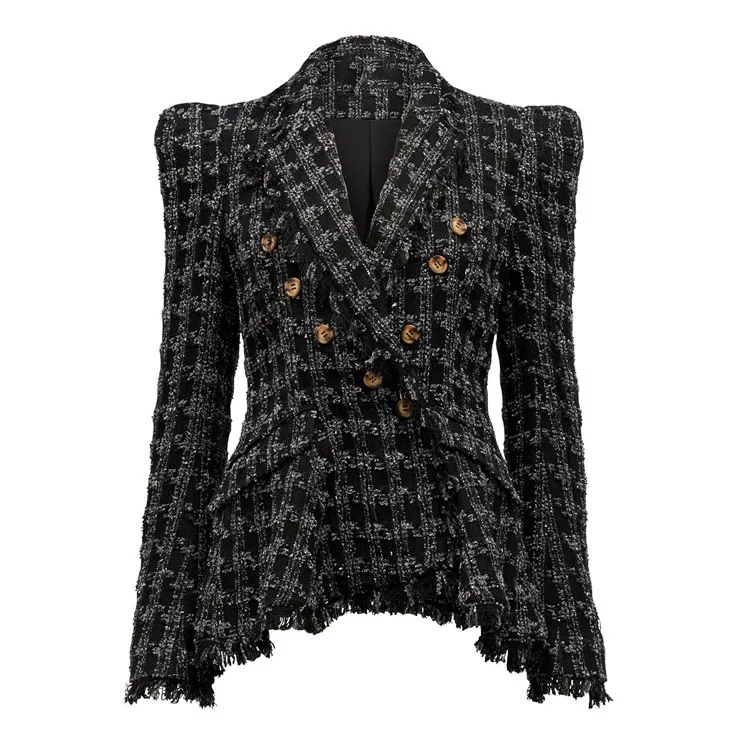 Plaid Tweed Elegant Fringe Plaid Tweed Jacket 2019 Fall Turn-down Collar Tassel Slim Tweed Coat Lux Women Coats and Jackets