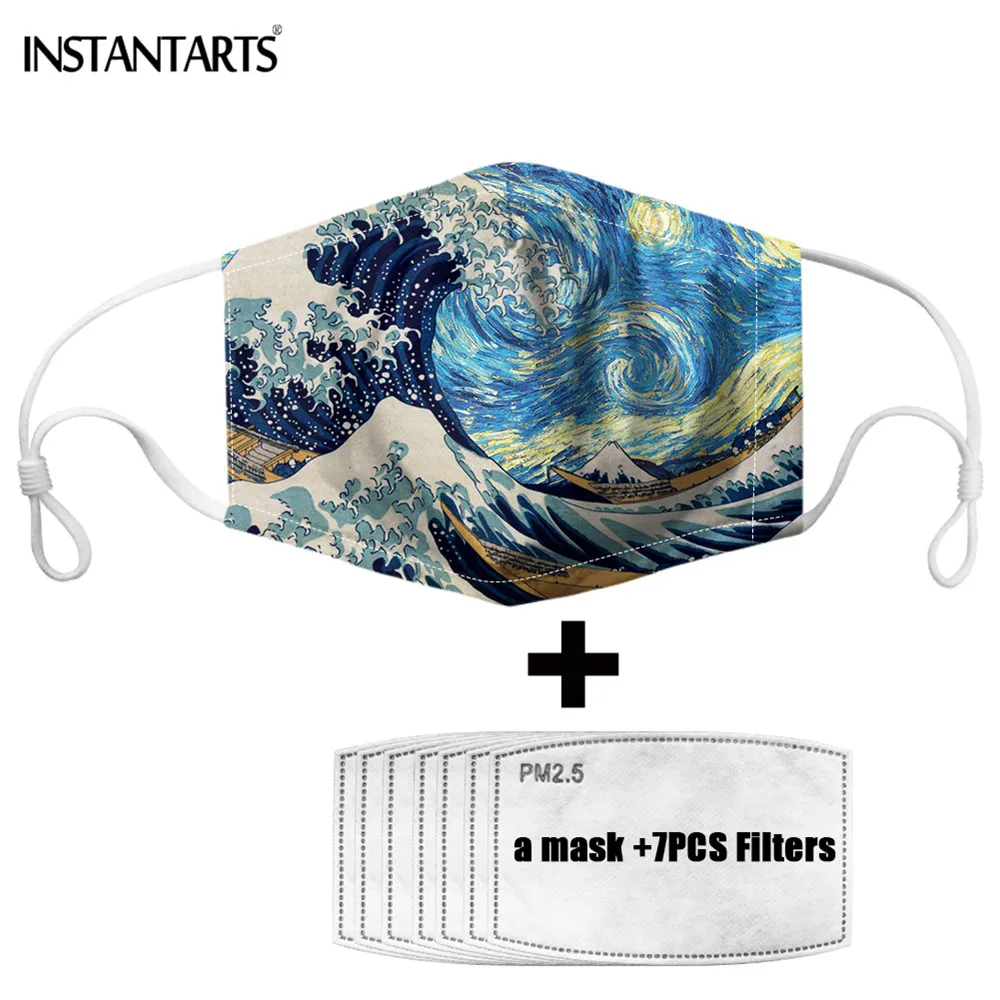 

INSTANTARTS Brand Designer Wave Art Face Masks Anti-Haze Dust PM2.5 Pollution Washable Mouth Masks 7PCS Filters Paper Mascaras