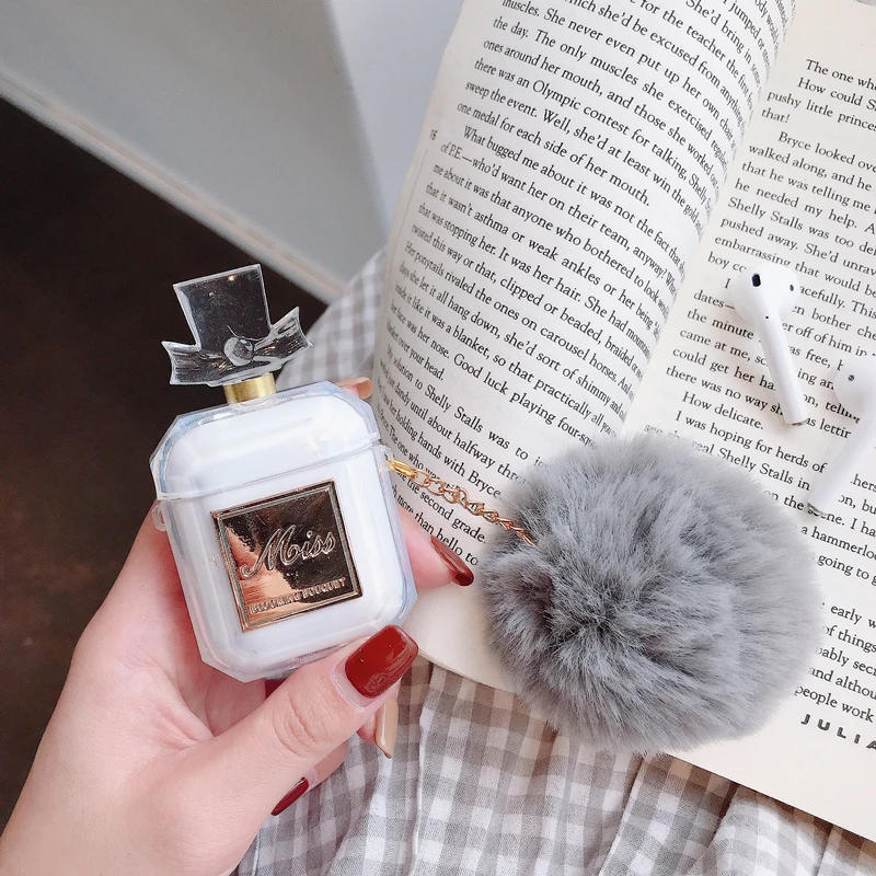 Luxury transparent perfume bottle chain silicone cover for airpods 1 2 case  Wireless charging candy Hairball Earphone coque
