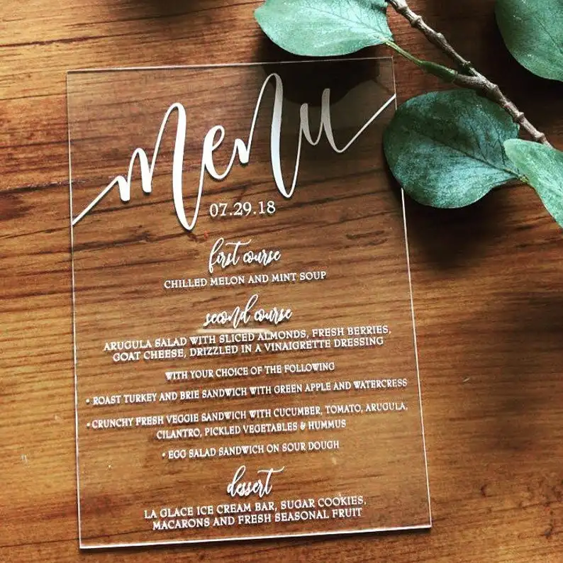 Clear Acrylic menu wedding black white gold transparent perspex sign table numbers modern calligraphy event food menu plexiglass