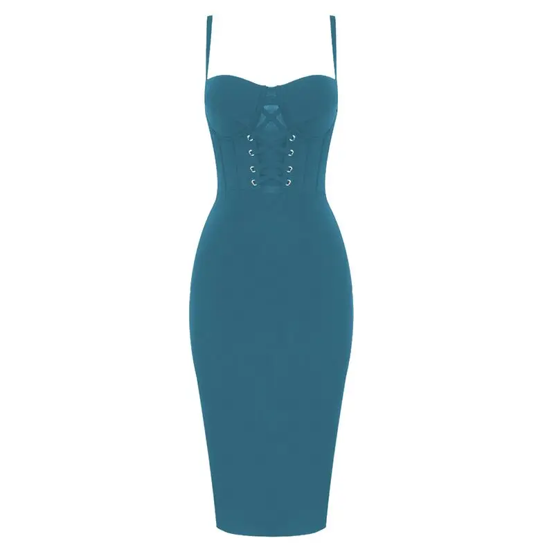 New Arrival Sexy V Neck Blue Bandage Dress Knitted Elastic Bodycon Party Dress