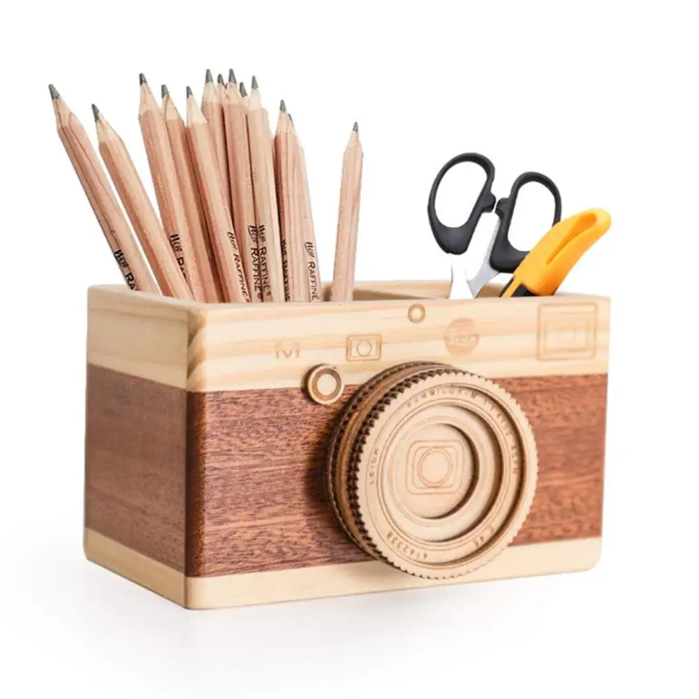 Organizador de maquillaje para el hogar, porta lápiz de madera con cámara creativa