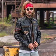 Винтажная Черная Мужская Байкерская кожаная куртка размера плюс 3XL из натуральной толстой воловьей кожи облегающая кожаная мотоциклетная куртка