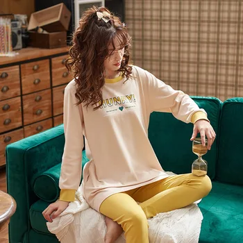 

QUEENX Pajamas Autumn Cotton Women's Long-Sleeved Trousers Sweet Cartoon Japanese Cute Can Wear Loose Leisure Tops