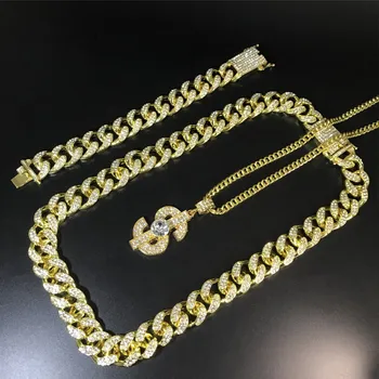 

Hip Hop Men Crystal Miami Ice Out Cuban Chain Hip Hop Men Dollar Necklace Pendant & Braclete Jewerly Set Necklace For Men
