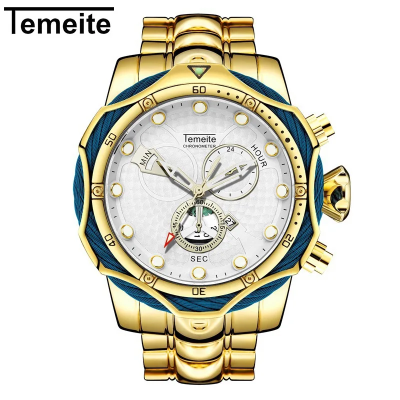 gold white Новые роскошные мужские наручные часы, кварцевые Стальные Брендовые мужские часы TEMEITE с большим циферблатом, водонепроницаемые, оформление календарей, Прямая поставка - Цвет: gold white
