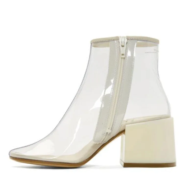 

Fashion PVC Round Toe Ankle Boots Classics Zipper Breathable High Heels Sexy Transparent Strange Style Women Shoes Botas Mujer