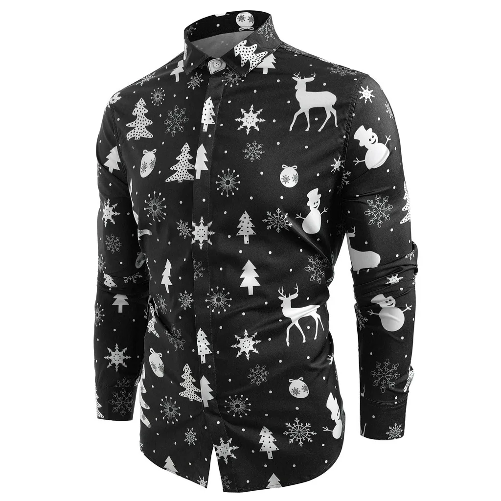 Рождественская рубашка для мужчин, новогодние вечерние блузки, забавная рубашка с принтом оленя, с длинным рукавом, на пуговицах, Мужская одежда, повседневная, на Рождество, со снежинками