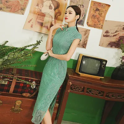 Sheng Coco кружевное Сексуальное вечернее Ципао, длинное китайское свадебное платье для невесты, китайское свадебное платье cheongsam, розовое традиционное вечернее платье - Цвет: green lace qipao