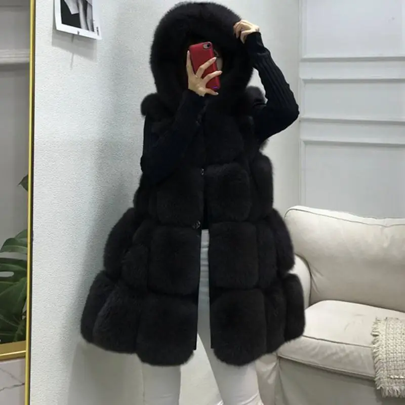 Женская зимняя натуральная лисица куртка из натурального меха пальто с мехом Женский Длинный жилет с капюшоном теплая Толстая куртка из натурального меха T95