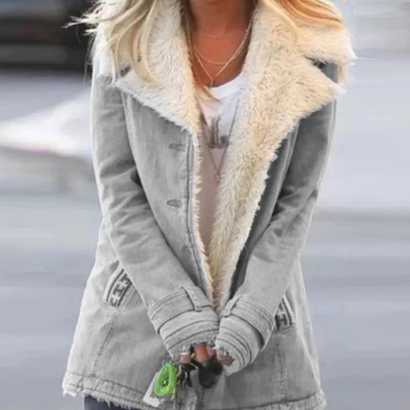

Women Plus Size Warm Coats Large Plush Button Lapels Jacket Outwear Female Solid Thick Fleece Pockets Casual Parkas Keep Warm