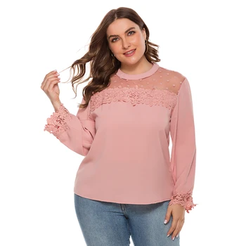 

Women Plus Size Appliques Blouse Elegant Flowers Hollow Out Cuff Lace Perspective O Neck Long Sleeve Pink Large Size Tops Shirt