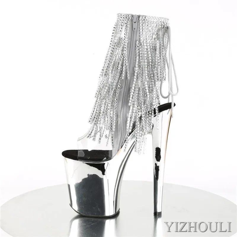 Electroplated waterproof platform 20cm high-heeled ladies sandals, beaded upper 8in high-heeled model runway, pole dancing shoes