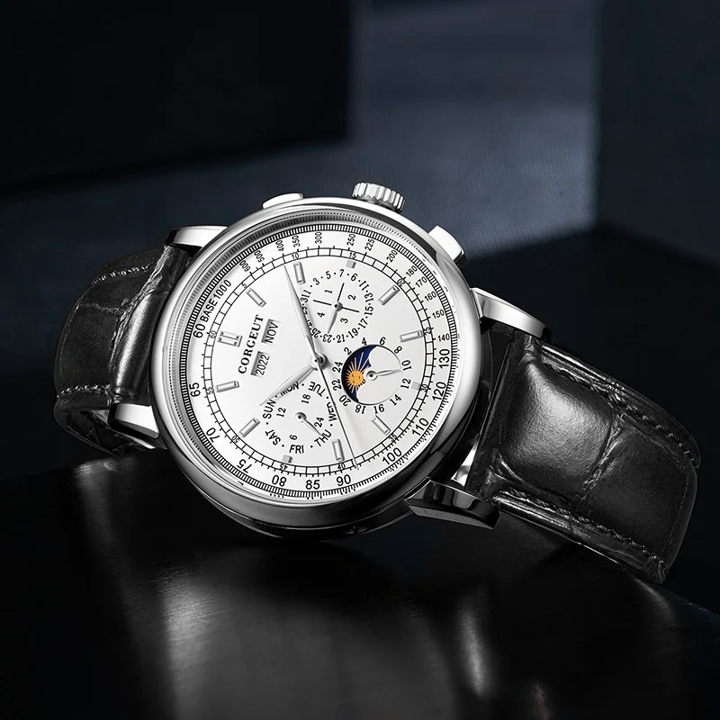 42mm Corgeut Watches Mechanical wristwatches moon Phase Watches Silver Year Day Month Week 316L SS Case Automatic Watch For men 3