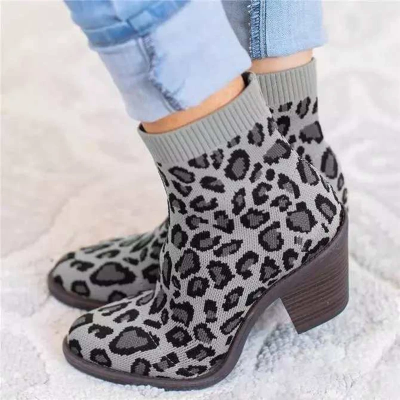 Leopard Grain Ankle Boots Women Fashion 