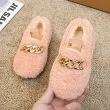 

Girls Cotton Shoes Autumn Winter Children Flats Warm Fluffy Fur with Crystal Chains Metal Buckle Princess Loafers Kids Moccasin