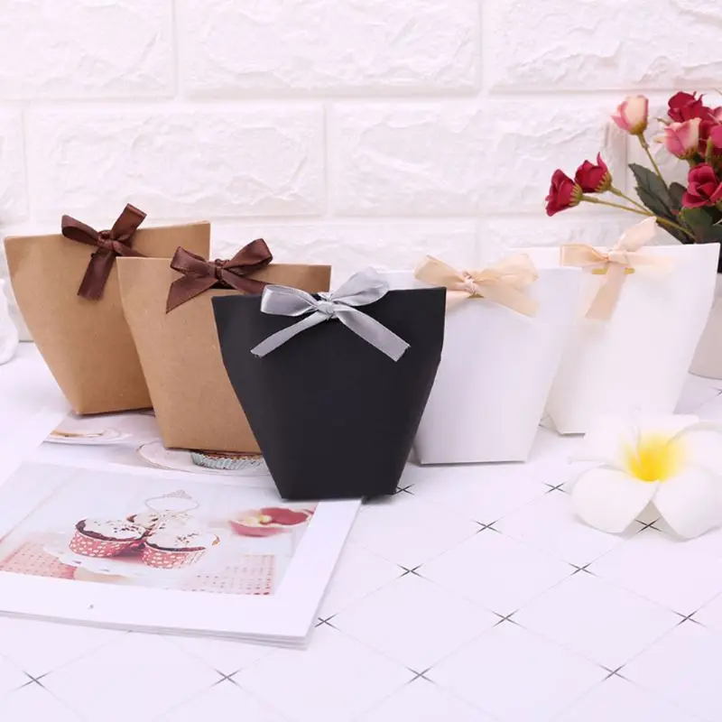 25 pcsBlack Gift Packaging Candy Kraft Paper Bag with Bow Ribbon Wedding Dragee Box Cookie Wrapping Supply | Дом и сад