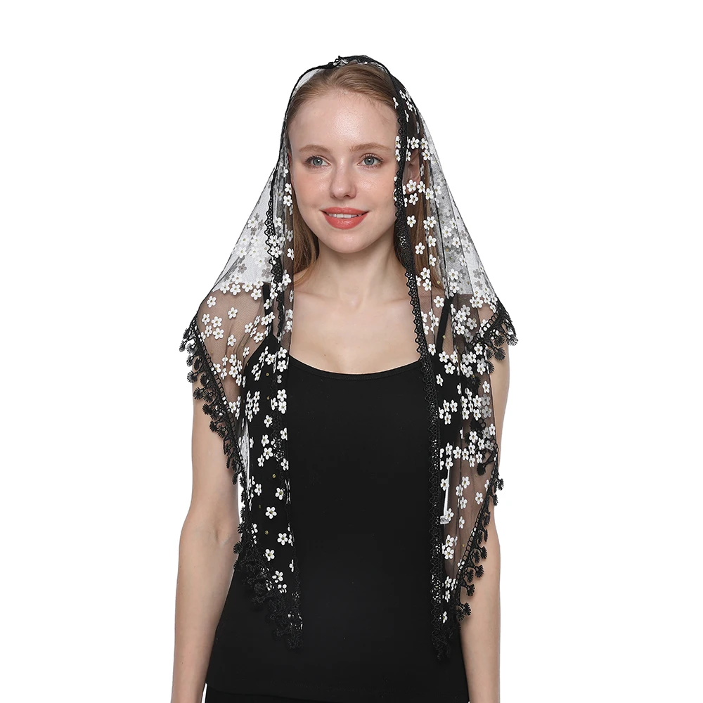 Plain Lace Triangle Scarf Prayer Shawl White Flower Tassel Veil