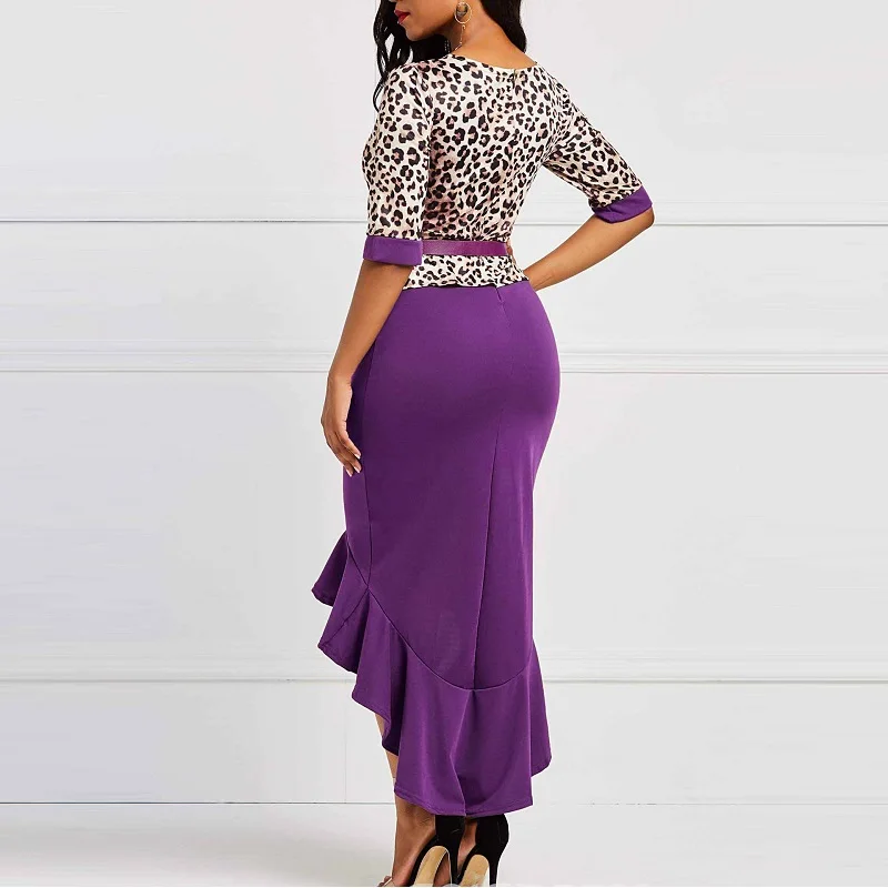 cheetah print patchwork peplum ruffle hem asymmetrical dress tenue africaine femme Plus size 5xl red black purple party frocks