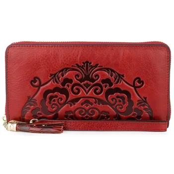 

2020 new fashion top grain oil wax leather long wallet embossed zipper bag female tassel ethnic style ladies clutch