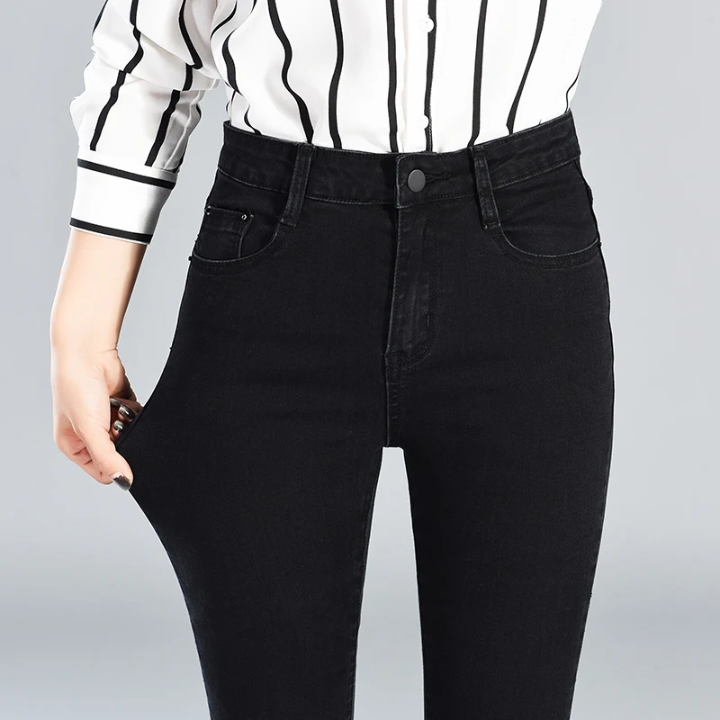 Однотонные высокие эластичные узкие брюки новые обтягивающие модные джинсы с талией для женщин потертые Ретро узкие джинсовые брюки с карманами в ковбойском стиле