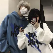 

Harajuku printed sweatshirt couple plus fleece hoodie 2021 autumn winter new letter graffiti loose hooded sweatshirts coat trend