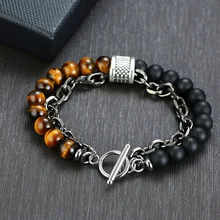 Тигровый глаз, натуральный камень, браслет из нержавеющей стали, мужские на руку, мужские аксессуары, хип-хоп камень, бусины, черный набор, браслеты, цепочки