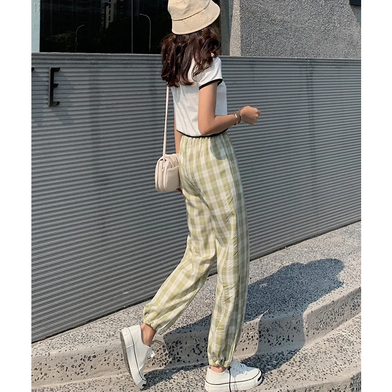 Calças de Cintura Larga para Mulheres em Linha Xadrez Elástica Leggings Harem Pants Mulheres Calças Casuais Perna Reta 9 Cheap Calças e capris
