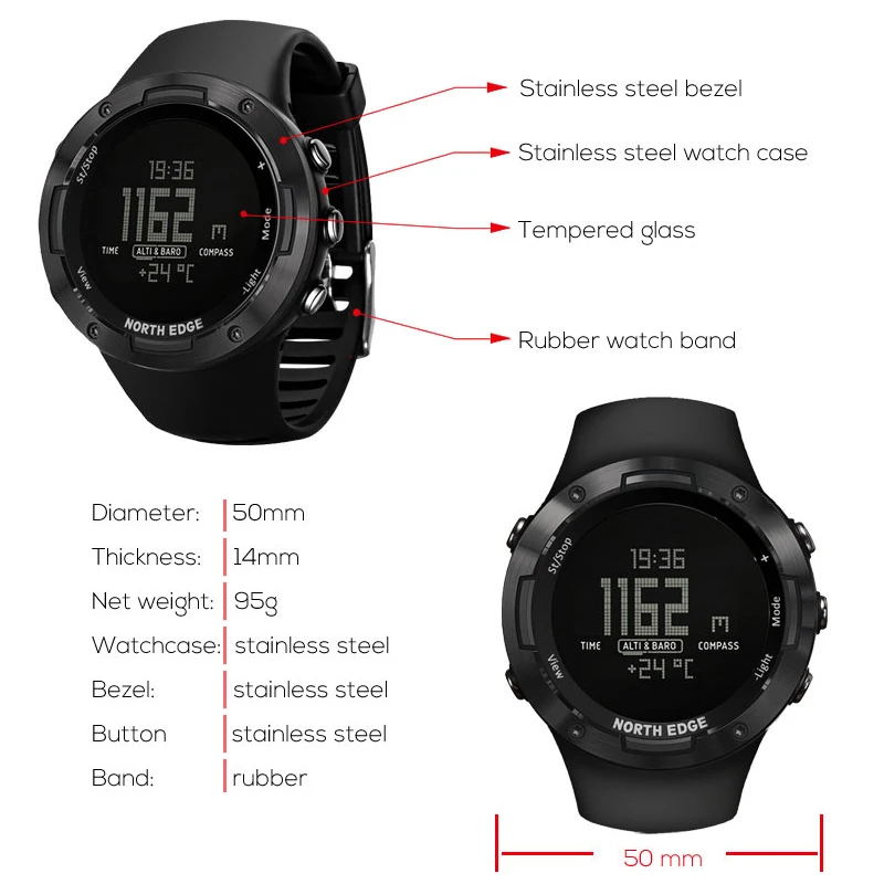 Мужские спортивные цифровые часы NORTH EDGE армейские для бега плавания военные