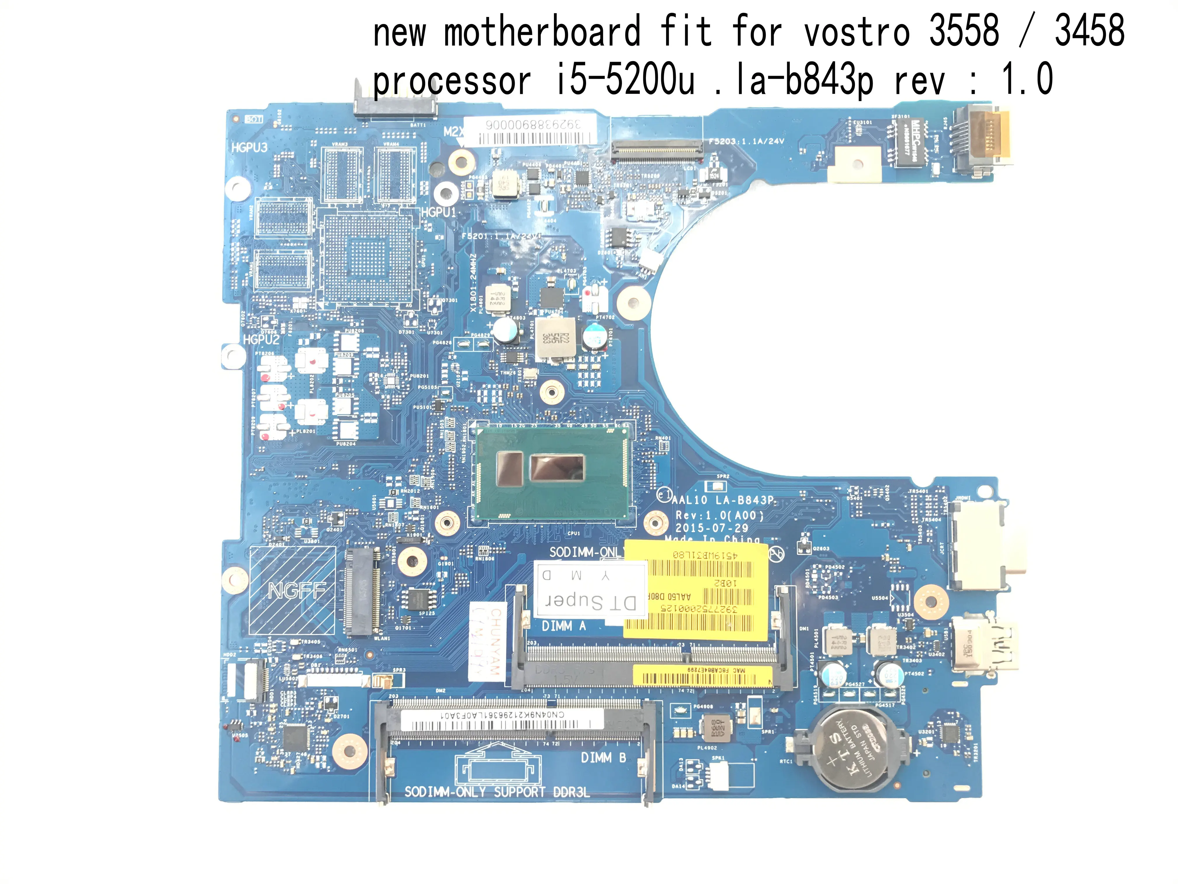 BiNFUL, сток,, AAL10 REV: 1,0(A00) LA-B843P для материнской платы ноутбука DELL vostro 3558, процессор I5-5200U(Квалифицированный ОК