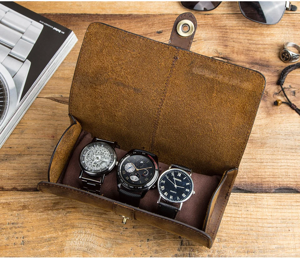 3 Slot Uhr Box Handgemachte Uhr Roll Reise Fall Armbanduhr Beutel 100% Kuh Leder Rutschte in Out Organizer Geschenke – Detail 2